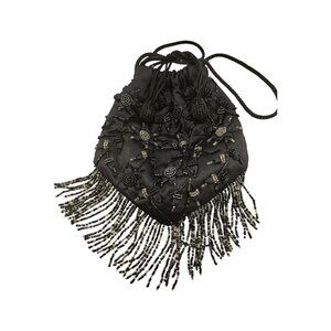 Y2K Crossbody Bag Black Satin Beaded Western Fringe Drawstring Coquette Party